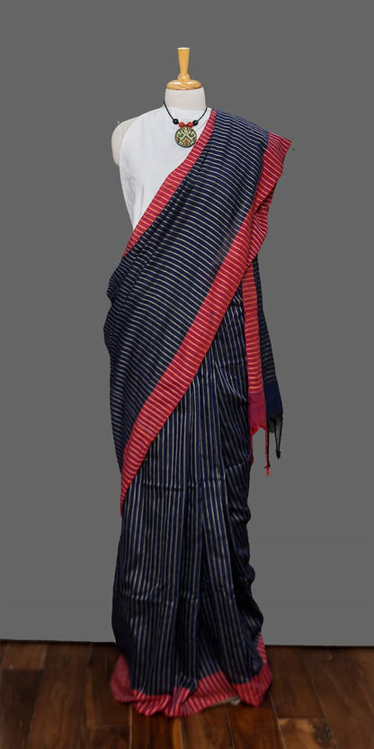 Handloom Cotton Saree-Navy Blue-Red Border-Golden Vertical Stripes