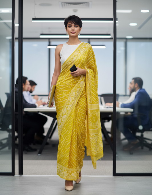 HANDLOOM COTTON SAREE - NEON GREEN- WHITE WOVEN- GREEN SAREE COLLECTION | simmpli ethnicc