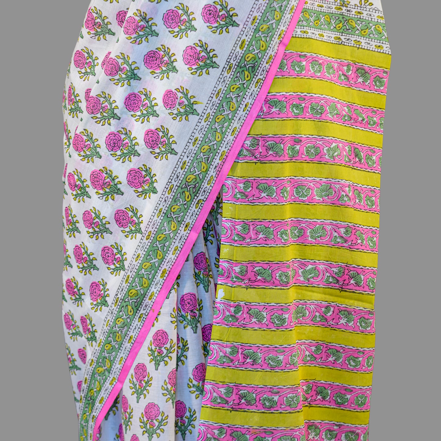MUL COTTON SAREE-PINK-LIME GREEN-FLORAL PRINT -PRINTED SAREE COLLECTION | simmpli ethnicc