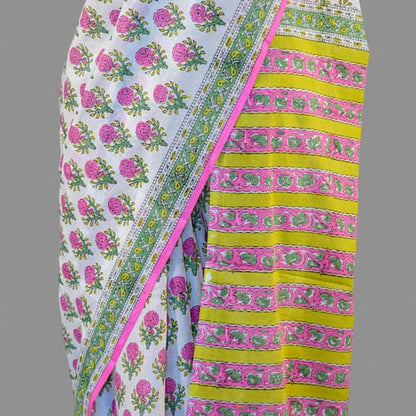 Mul Cotton Saree-White-Pink-Block Print