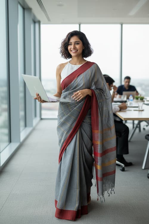 Handloom Khadi Cotton Saree-Iron Gray-Red Border-Vertical Woven Stripes
