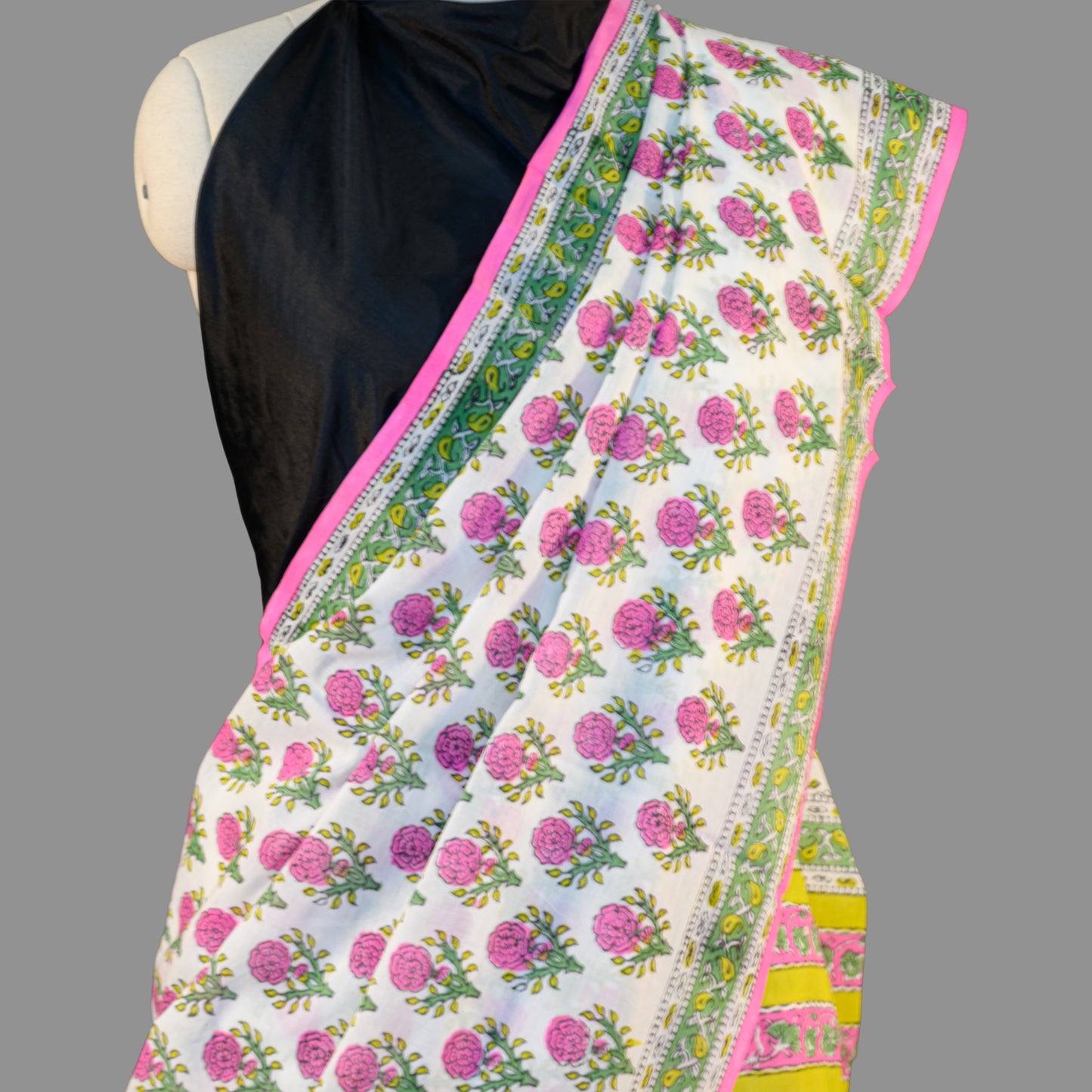 MUL COTTON SAREE-PINK-LIME GREEN-FLORAL PRINT -PRINTED SAREE COLLECTION | simmpli ethnicc