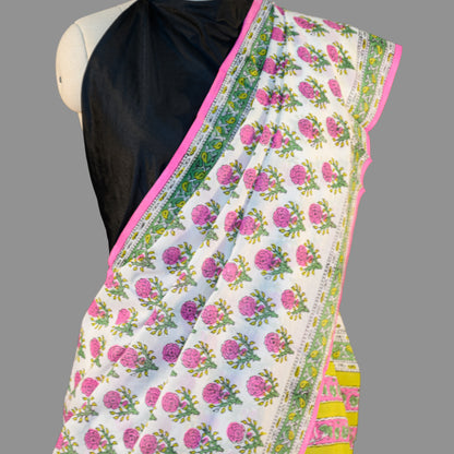 MUL COTTON SAREE-PINK-LIME GREEN-FLORAL PRINT -PRINTED SAREE COLLECTION | simmpli ethnicc