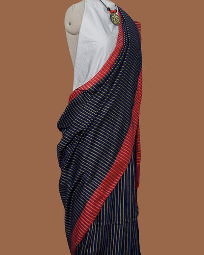 Cotton Black Saree with vertical stripes  Slim Red Border | simmpli ethnicc