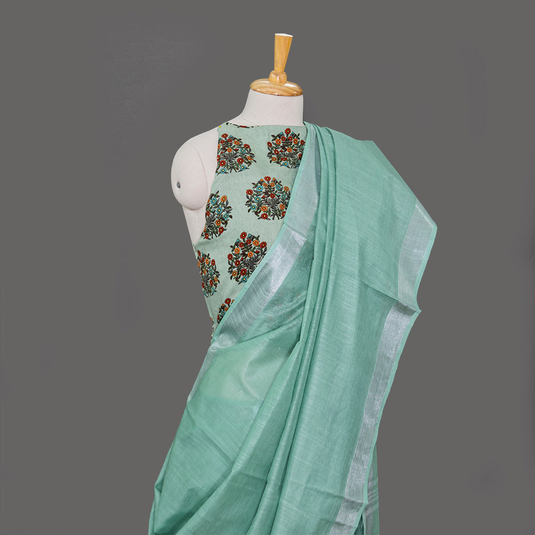 Sea Green Cotton Linen Saree with silver Border