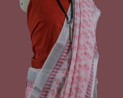 Block Printed White & Coral Red  Cotton Saree  |simmpli ethnicc