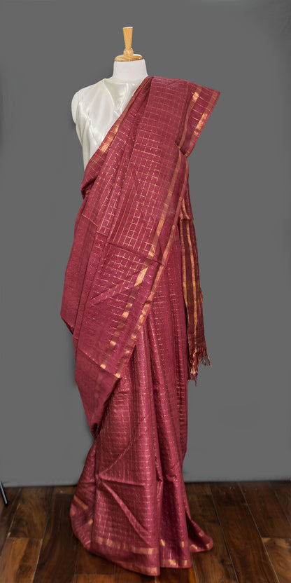 Brick Red Cotton Linen Saree - Golden checkered | slim Border | simmpli ethnicc