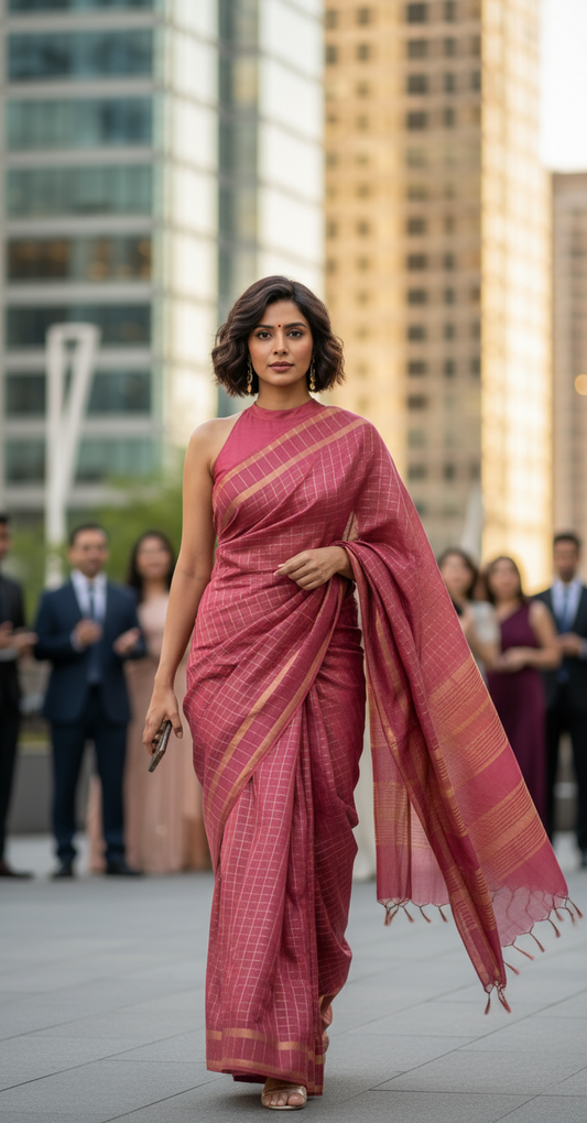 LINEN COTTON SAREE- BRICK RED  CHECKERED - LINEN SAREE COLLECTION | simmpli ethnicc