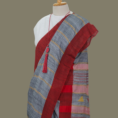 Gray  cotton Saree - Red Border-Handloom | simmpli ethnicc