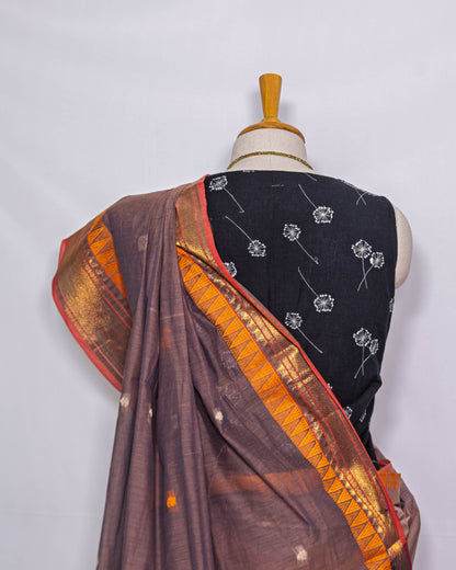 Brown / Golden Border Handloom cotton Saree|simmpli ethnicc