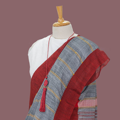 Gray cotton Saree - Red Border-Handloom | simmpli ethnicc