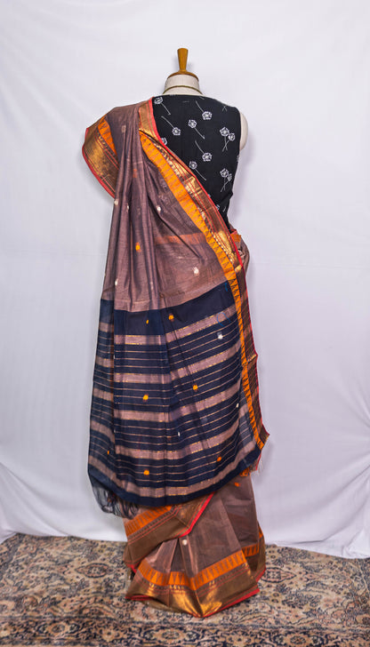 Brown / Golden Border Handloom cotton Saree|simmpli ethnicc