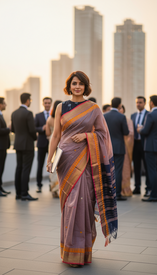 HANDLOOM COTTON SAREE-MOCCA BROWN-GOLDEN BORDER-HANDLOOM SAREE COLLECTION | simmpli ethnicc