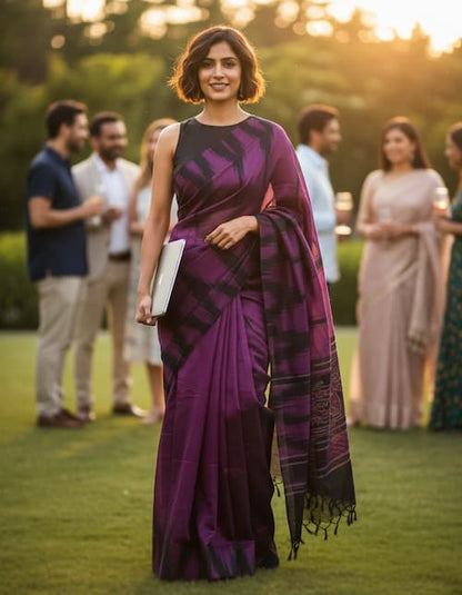 Muslin Cotton Saree-Dark Purple-Black-Ikat Pallu