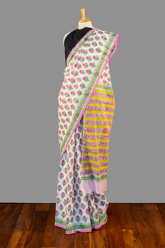 Mul Cotton Saree-White-Pink-Block Print