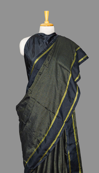 Black Golden stripes Handloom Cotton Saree | simmpli ethnicc