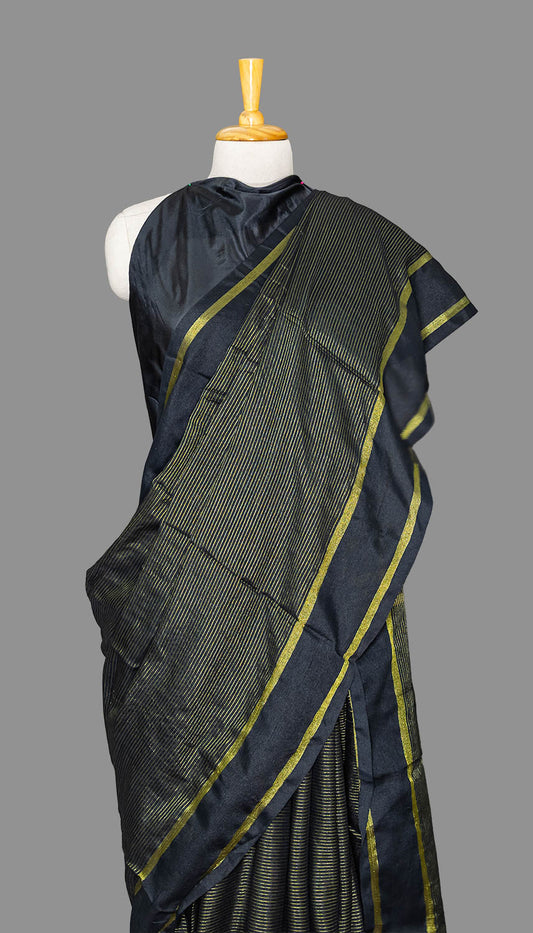 Black Golden stripes Handloom Cotton Saree | simmpli ethnicc