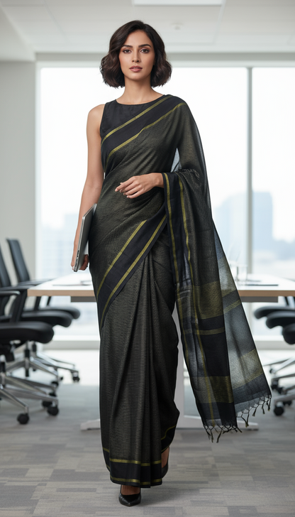 HANDLOOM COTTON SAREE-BLACK-GOLDEN STRIPES- PARTY WEAR COLLECTION | simmpli ethnicc
