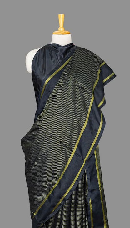 Handloom Cotton Saree-Black-Golden Stripes