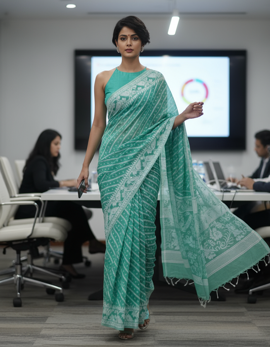HANDLOOM COTTON SAREE -SEA GREEN - HANDLOOM SAREE COLLECTION | simmpli ethnicc