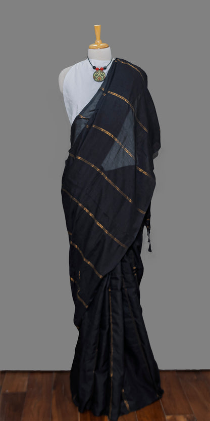Black Cotton Saree- Golden vertical stripes | simmpli ethnicc