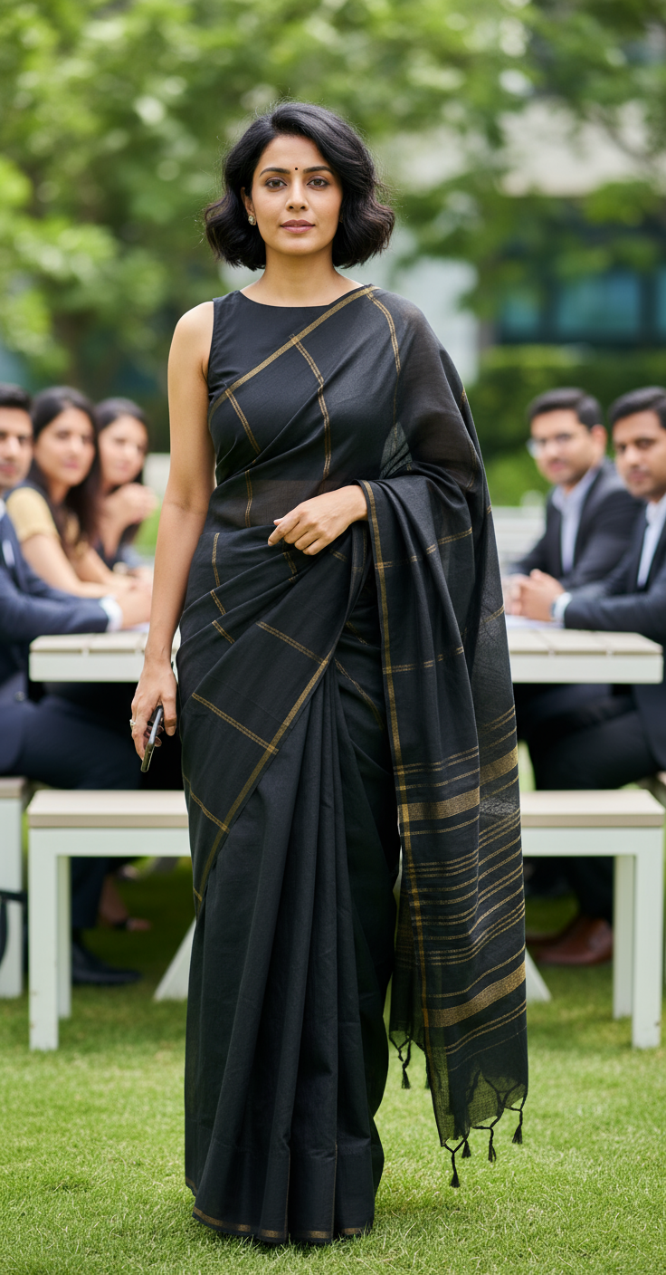 HANDLOOM COTTON SAREE-BLACK-GOLDEN VERTICAL STRIPES- HANDLOOM SAREE COLLECTION | simmpli ethnicc