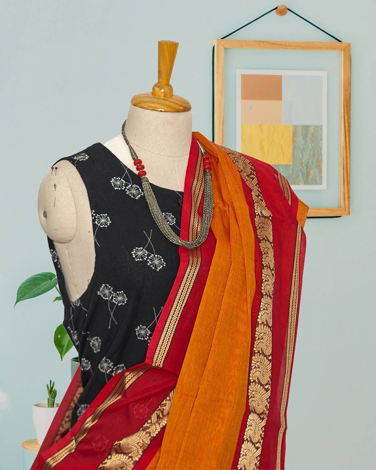 HANDLOOM COTTON SAREE-ORANGE_RED_CREAMR RESHAM WOVEN BORDER-HANDLLOOM COTTON SAREE COLLECTION| simmpli ethnicc