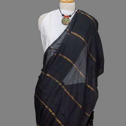 Black Cotton Saree- Golden vertical stripes | simmpli ethnicc