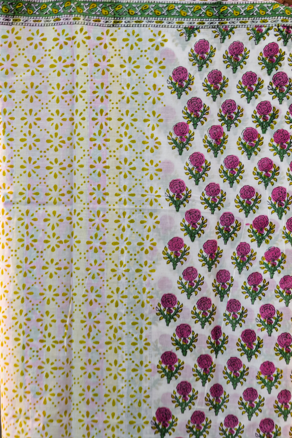 MUL COTTON SAREE-PINK-LIME GREEN-FLORAL PRINT -PRINTED SAREE COLLECTION | simmpli ethnicc