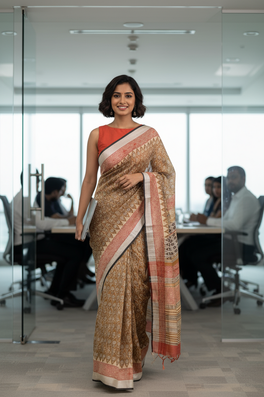 LINEN COTTON SAREE - BIEGE-CORAL RED -FLORAL PRINT- LINEN SAREE COLLECTION | simmpli ethnicc