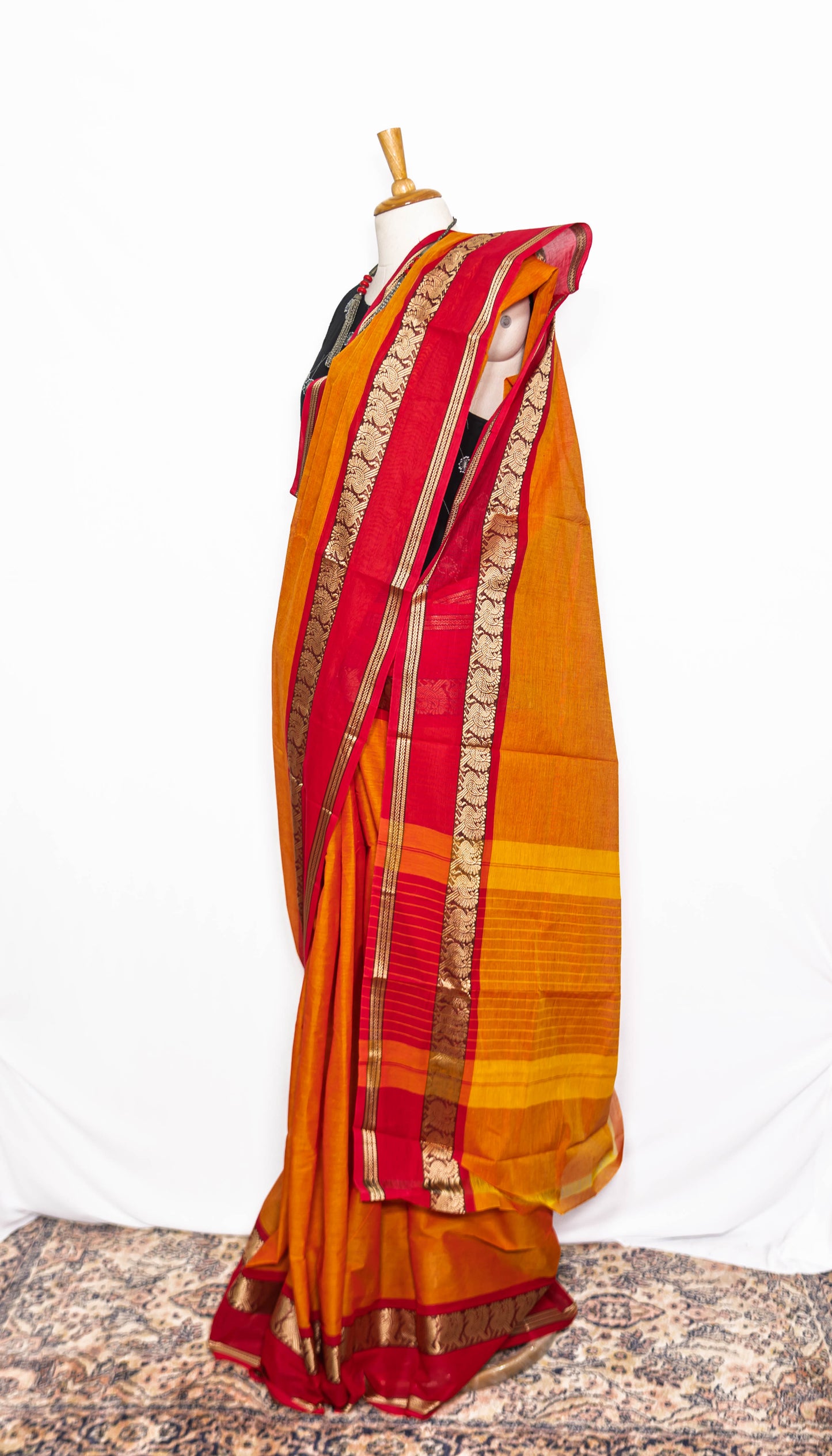 HANDLOOM COTTON SAREE-ORANGE_RED_CREAMR RESHAM WOVEN BORDER-HANDLLOOM COTTON SAREE COLLECTION| simmpli ethnicc