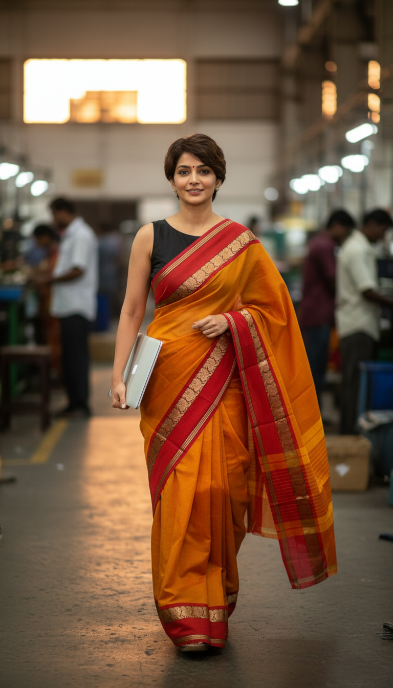 HANDLOOM COTTON SAREE-ORANGE_RED_CREAMR RESHAM WOVEN BORDER-HANDLLOOM COTTON SAREE COLLECTION| simmpli ethnicc