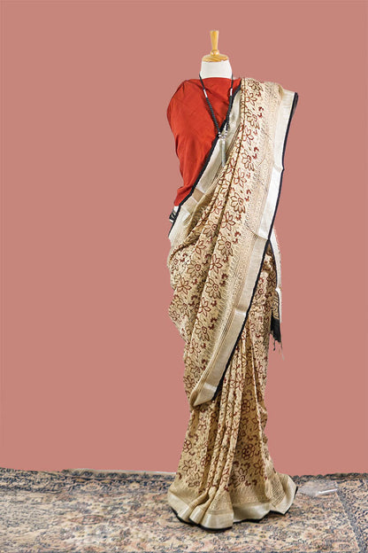 Beige Printed Linen Saree | simmpli ethnicc