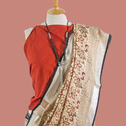 Beige Printed Linen Saree | simmpli ethnicc