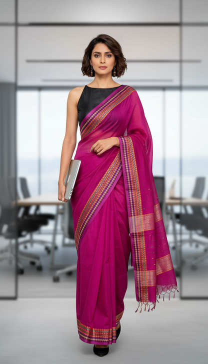 HANDLOOM COTTON SAREE-FUCHSIA PINK-HANDLOOM COTTON SAREE | simmpli ethnicc