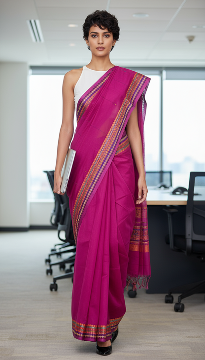 HANDLOOM COTTON SAREE-FUCHSIA PINK-HANDLOOM COTTON SAREE | simmpli ethnicc