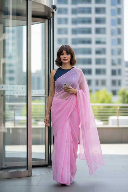 PURE CHIFFON SAREE-LAVENDER FUCHSIA PINK -MUKESH- CHIFFON SAREE COLLECTION | simmpli ethnicc