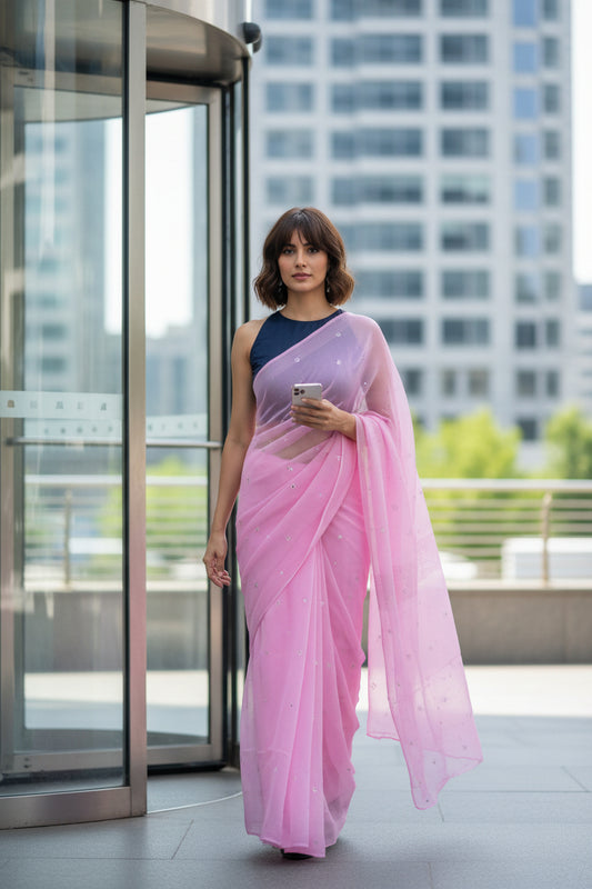 PURE CHIFFON SAREE-LAVENDER FUCHSIA PINK -MUKESH- CHIFFON SAREE COLLECTION | simmpli ethnicc