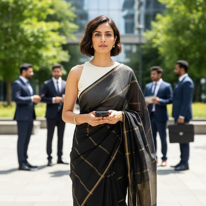 Handloom cotton saree-Black-Golden Vertical Stripes