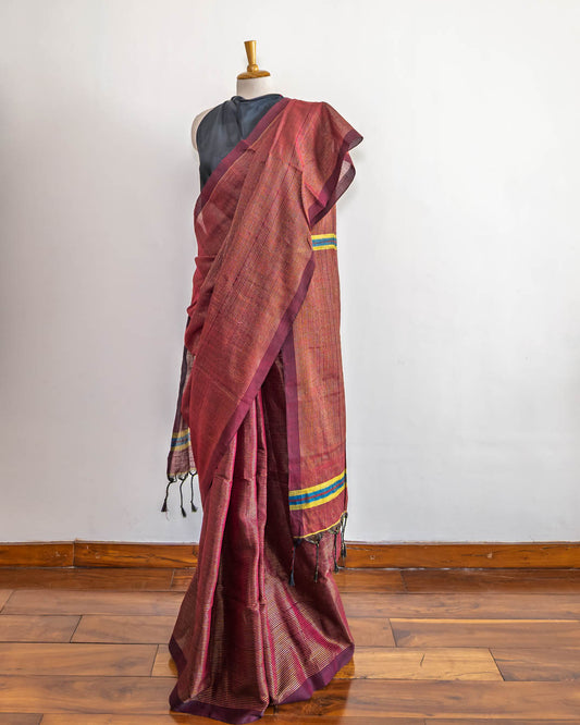 Maroon Striped Handloom cotton Saree
