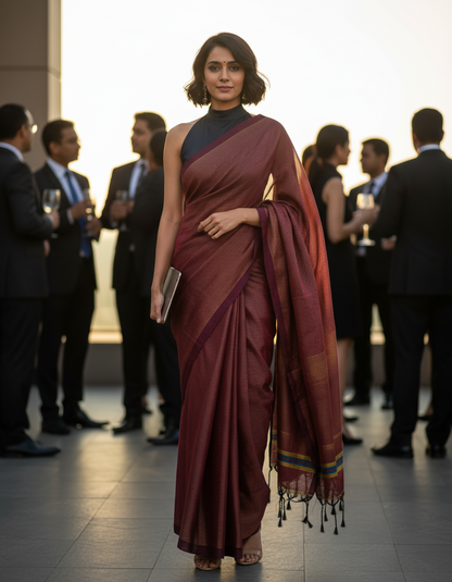 HANDLOOM COTTON SAREE-MAROON RED-STRIPED-HANDLOOM SAREE COLLECTION | simmpli ethnicc