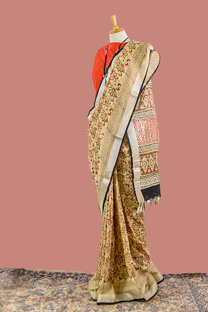Beige Printed Linen Saree | simmpli ethnicc