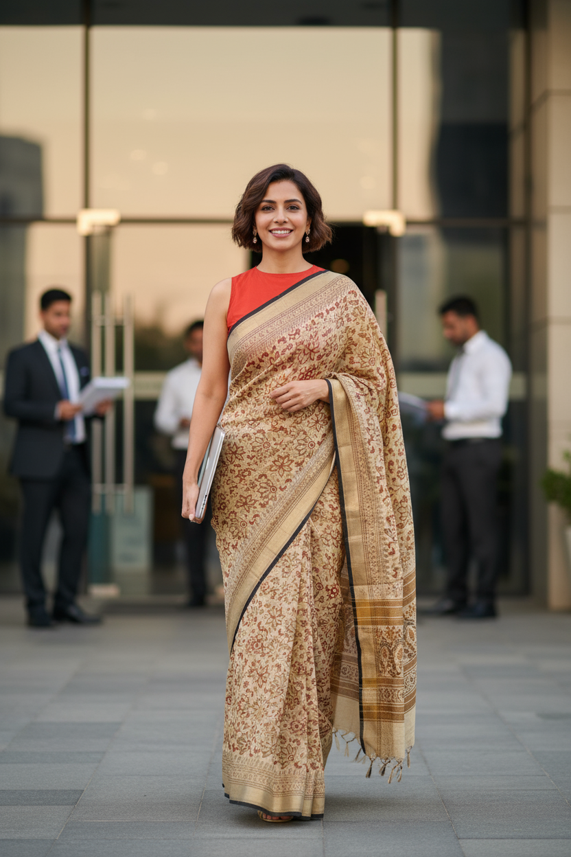 COTTON LINEN SAREE-BEIGE-CORAL RED- FLORAL PRINT- LINENSAREE COLLECTION | simmpli ethnicc