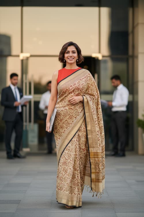 Linen Cotton saree-Beige-Coral Red-Floral Print-Silver Border