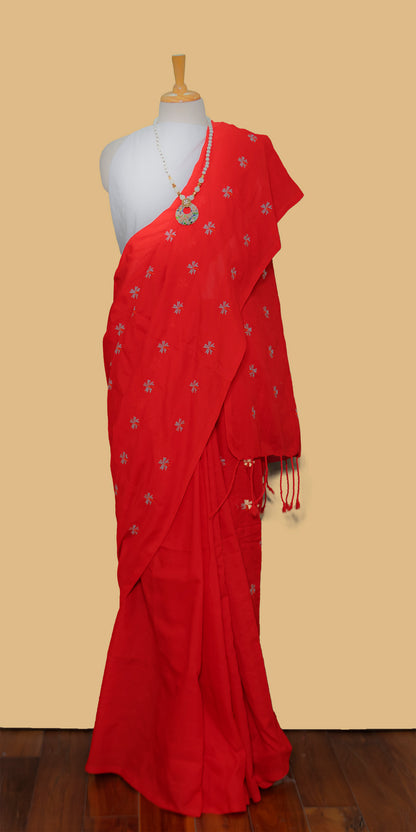Red Embroidered Booties Cotton Saree | simmpli ethnicc