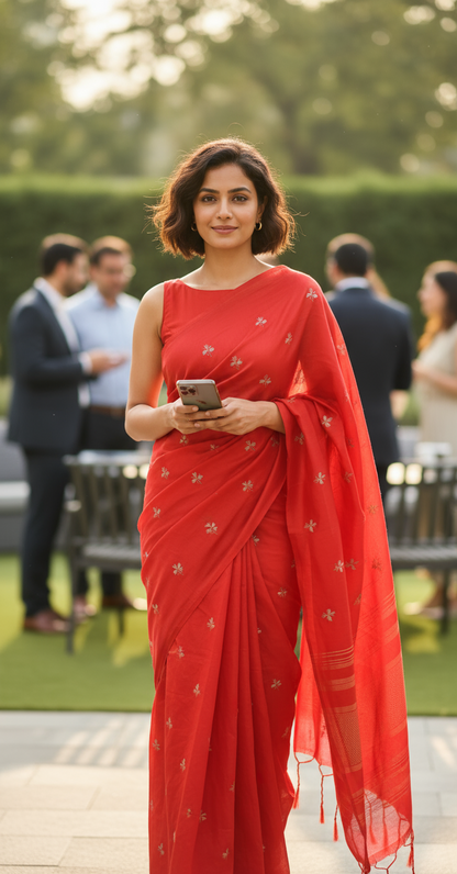 HANDLOOM COTTON SAREE- CHILLI-RED-EMBROIDERED BOOTIES-EMBROIDERY SAREE COLLECTION | simmpli ethnicc