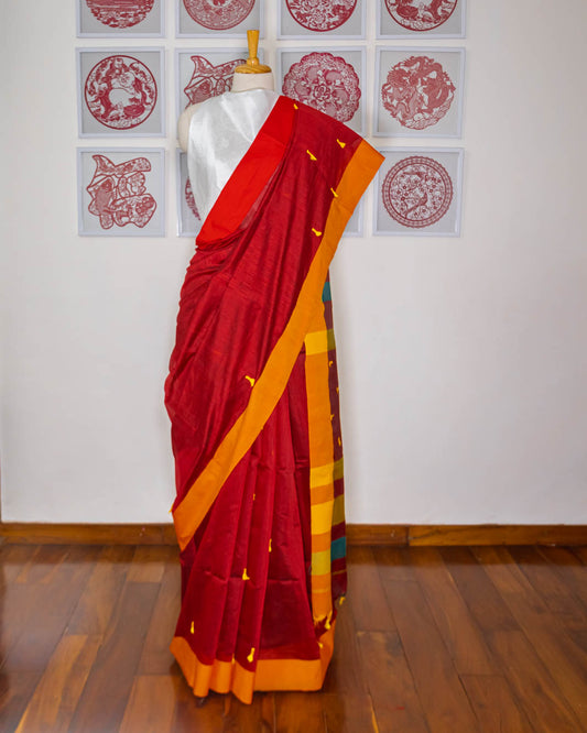 Red Saree Orange & Golden Yellow border