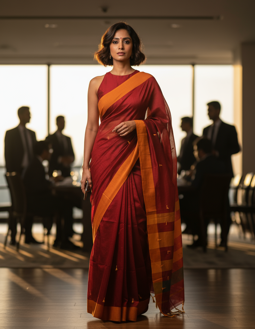 HANDLOOM COTTON SAREE-CARMINE RED-ORANGE-YELLOW BORDER-HANDLOOM SAREE COLLECTION | simmpli ethnicc