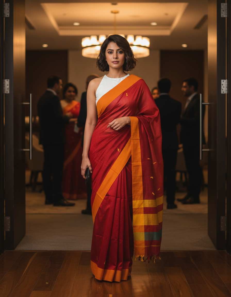 HANDLOOM COTTON SAREE-CARMINE RED-ORANGE-YELLOW BORDER-HANDLOOM SAREE COLLECTION | simmpli ethnicc