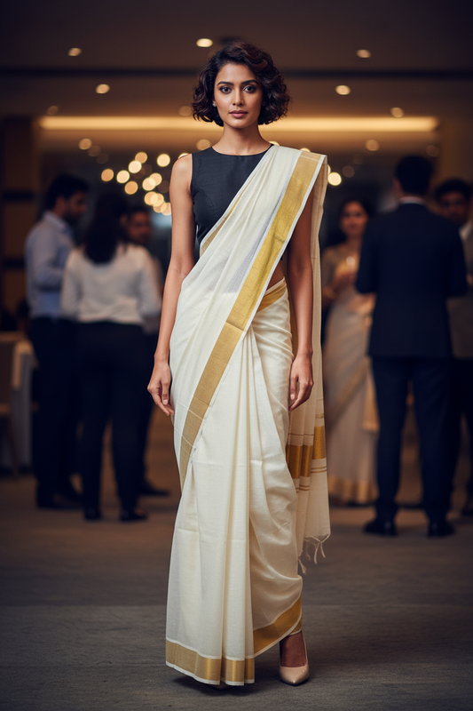 FINE COTTON SAREE-OFF WHITE -GOLDEN BORDER- WHITE SAREE COLLECTION | simmpli ethnicc